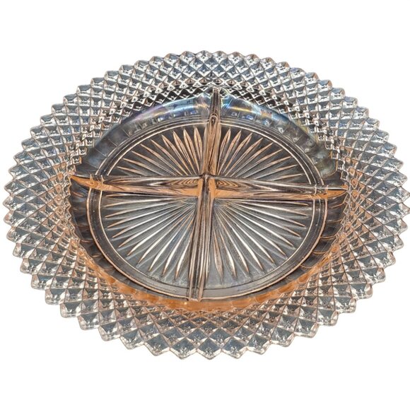 Anchor Hocking Divided Relish Dish Glass Pink Miss America Diamond Cut 8 3/4" - Picture 1 of 5